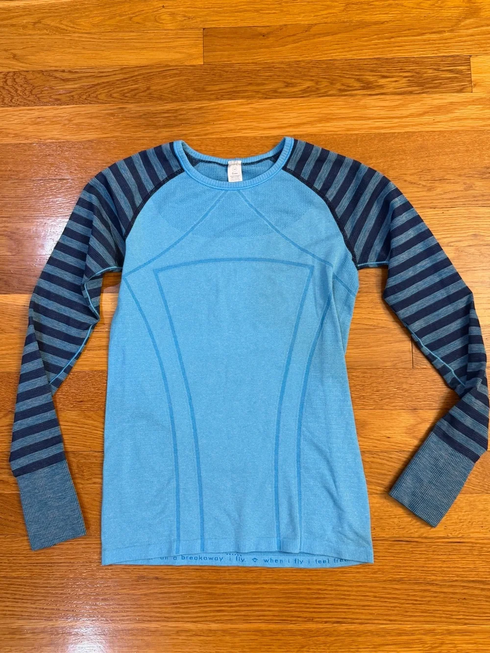 Ivivva (Lululemon) Girl’s Fly Tech Long Sleeve Tee in Blue w/ stripes - Size 14